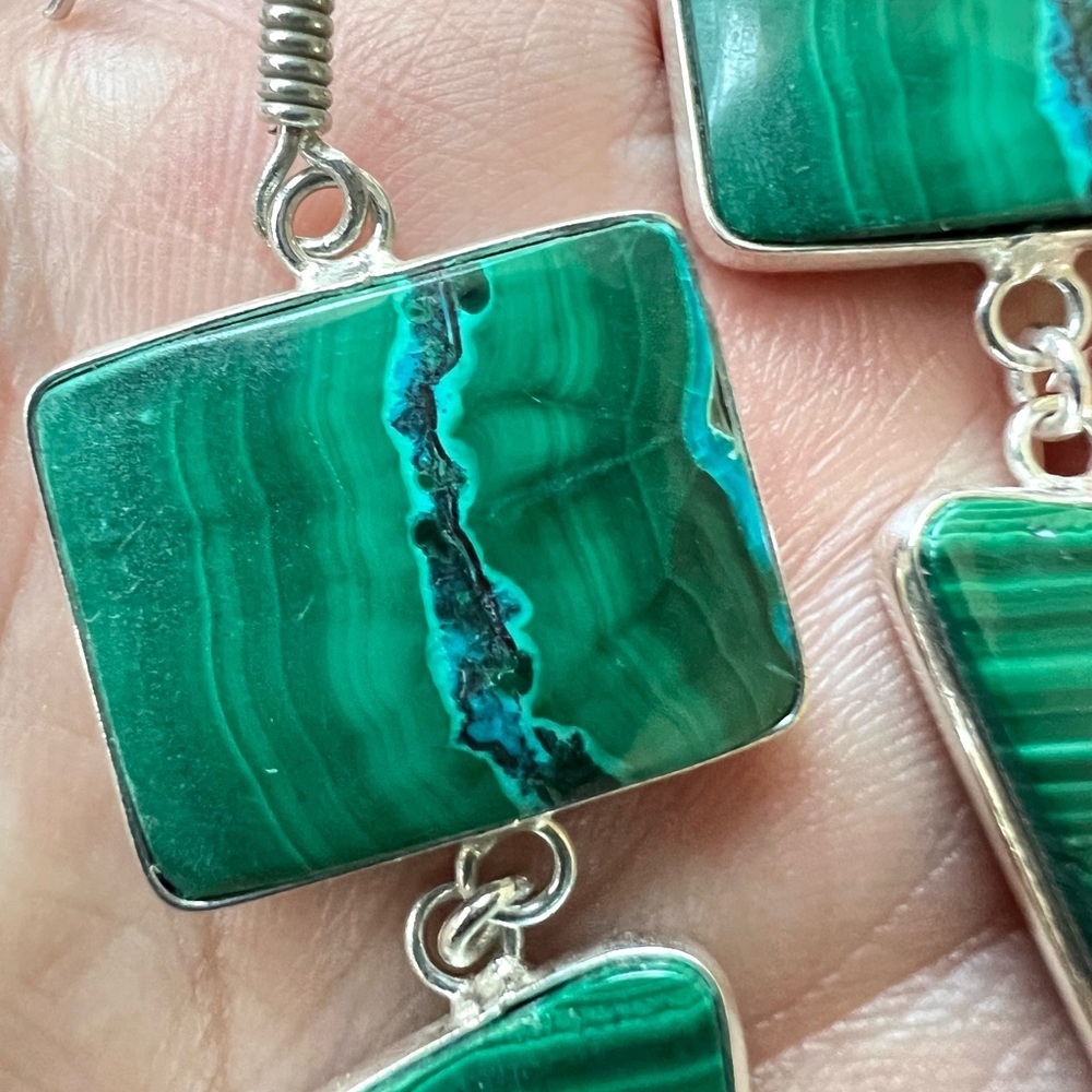 925 OMG Gorgeous! Malachite w/ Chrysocolla Long Earrings - Picture 4 of 9